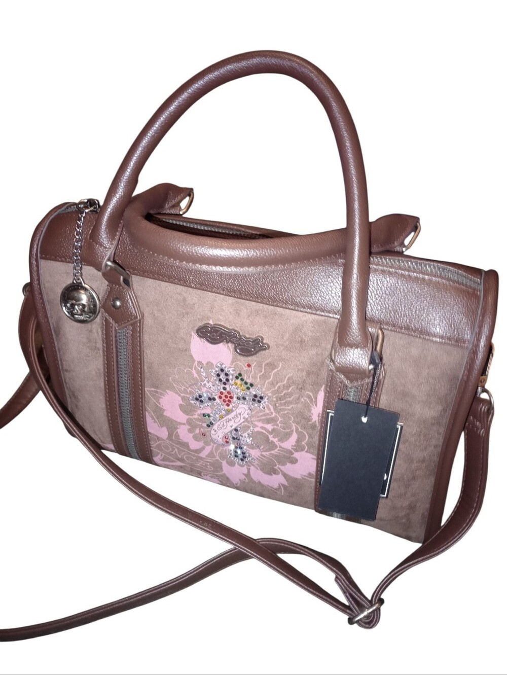 Ed Hardy Brown & Pink Floral Accent Satchel Handbag, NWT